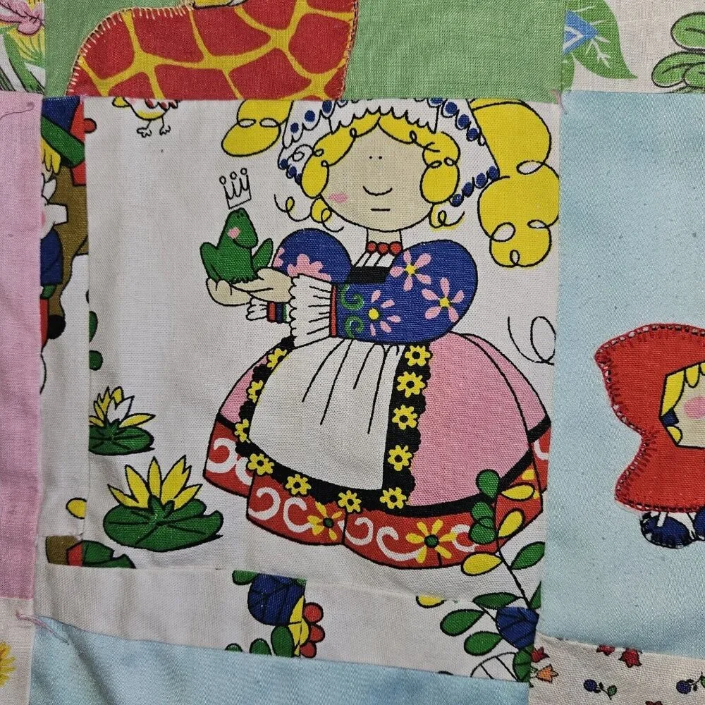 Vtg Handmade Blanket Boho Quilt Colorful Coverlet 62x83 70s 80s Fairy Tales